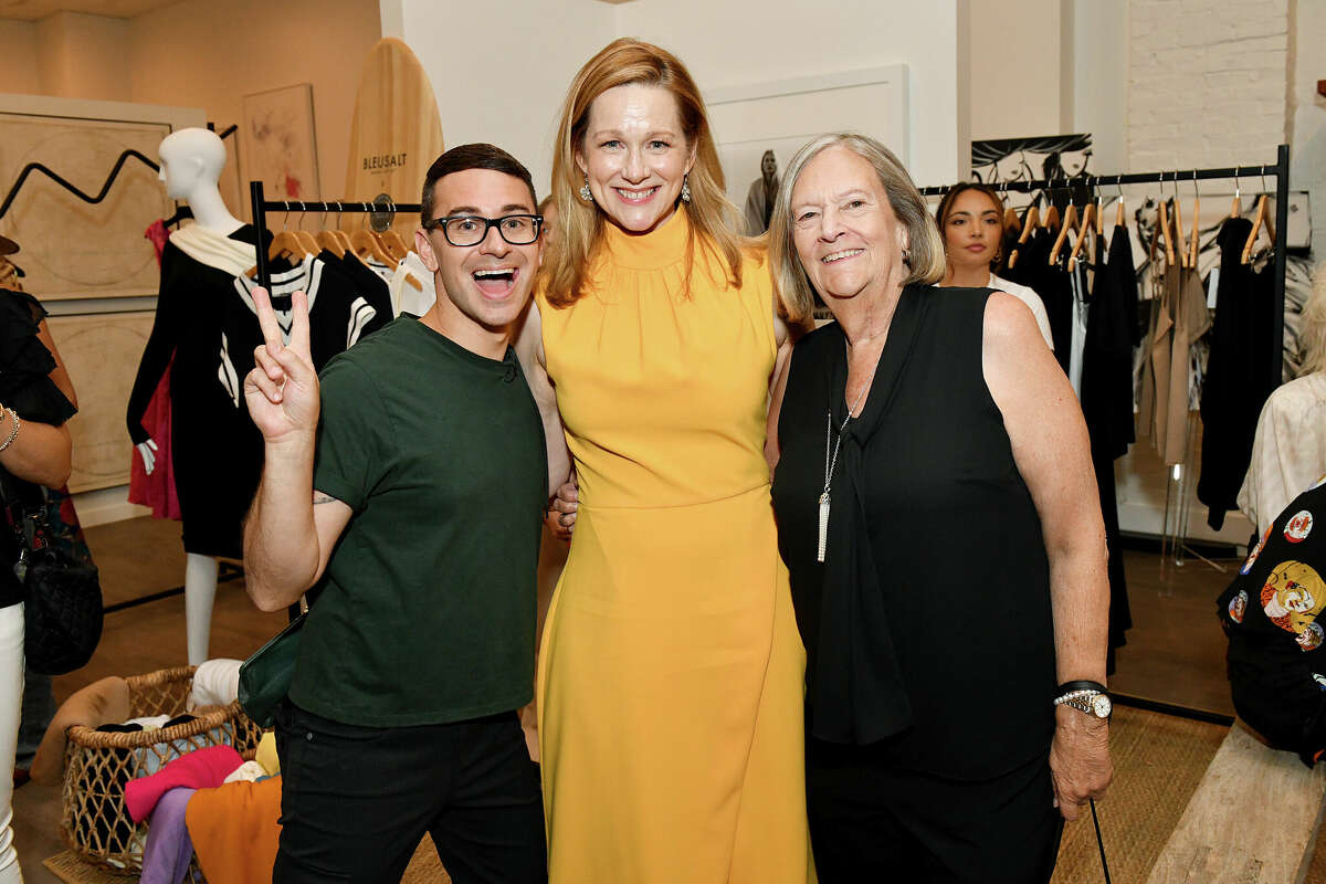 (L-R) Christian Siriano, Laura Linney, and Joye Siriano attend as Christian Siriano celebrates the opening of THE COLLECTIVE WEST on July 12, 2022 in Westport, Connecticut. 