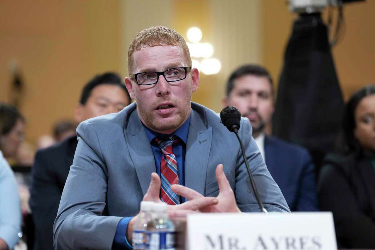 Stephen Ayres, who entered the Capitol illegally, testifies during the seventh public hearing of the House Select Committee to Investigate the January 6 Attack on the U.S. Capitol, on Capitol Hill in Washington, July 12, 2022. (Doug Mills/The New York Times)