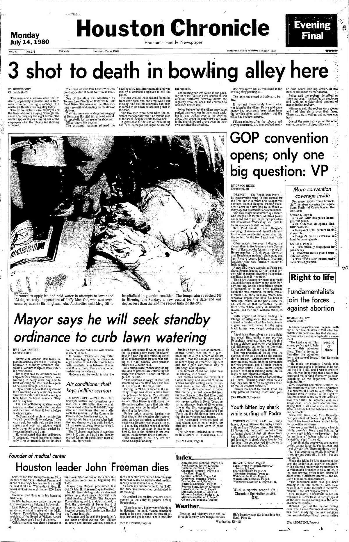 Houston Chronicle front page from July 14, 1980.