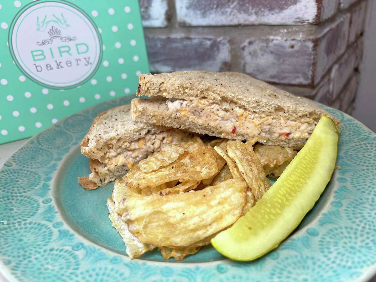 Pimento cheese with pecans and mayo on seeded bread is one of the sandwich options at Bird Bakery in Alamo Heights.