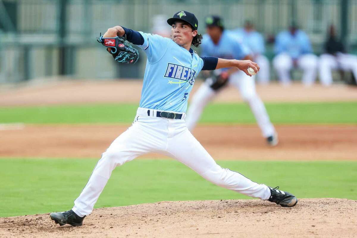 Frank Mozzicato, a Connecticut native and first-round draft pick by the Kansas City Royals in 2021, has made a temporary home in Columbia, S.C., where he pitches for the Royals’ Single-A affiliate, the Fireflies. Mozzicato is seen here July 10 in a game against the Myrtle Beach Pelicans.