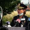 Acting Police Chief Rebeca Garcia speaks to the media in front of police headquarters in Bridgeport, Conn., on Wednesday Sept. 16, 2020.