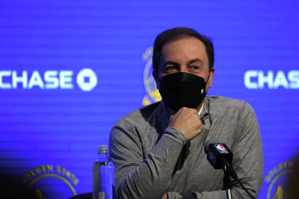 Joe Lacob talks to reporters during a media availability after the Golden State Warriors practiced before the NBA Finals get underway later in the week at Chase Center in San Francisco, Calif., on Monday, May 30, 2022.