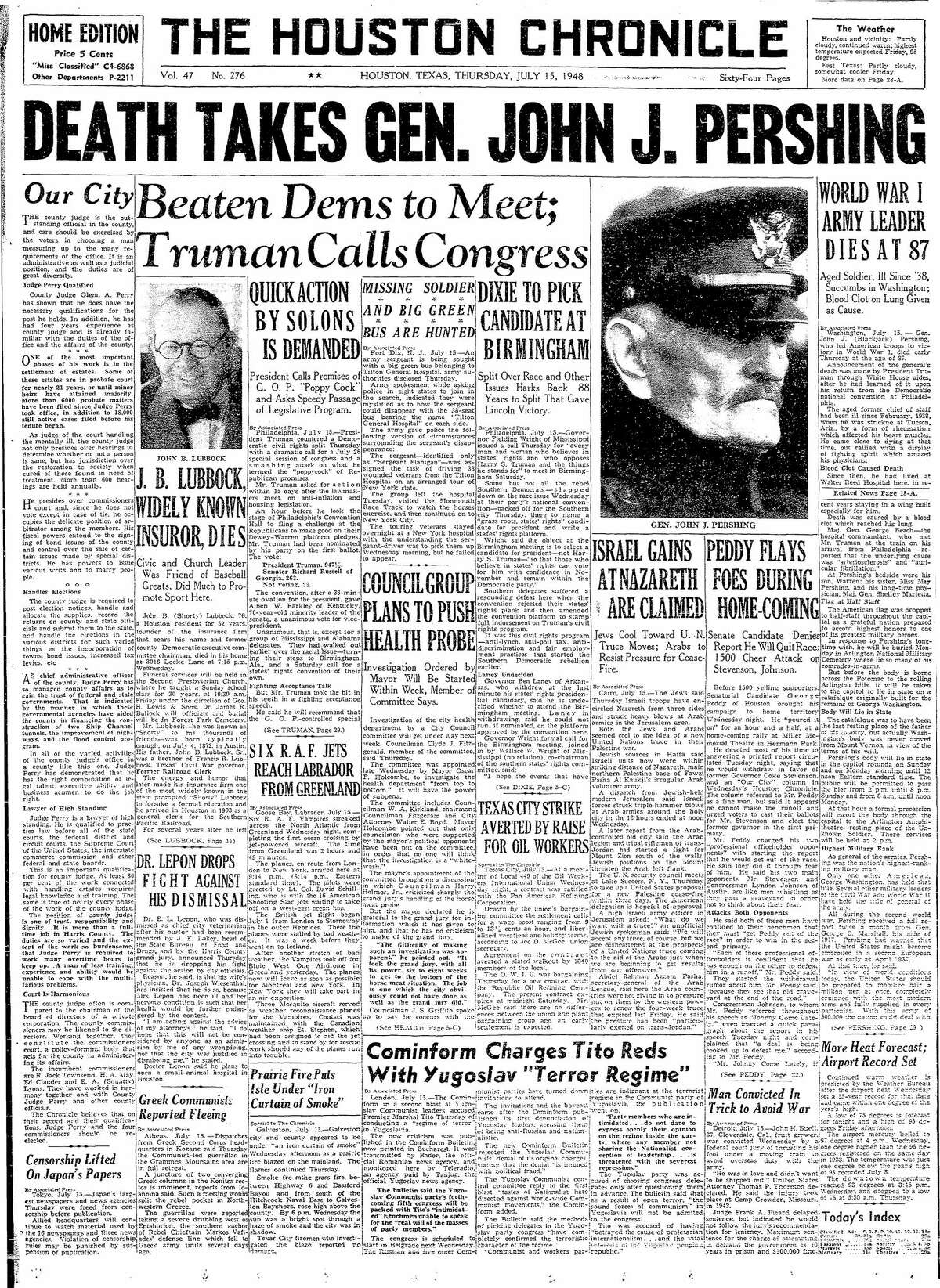 Houston Chronicle front page for July 15, 1948.