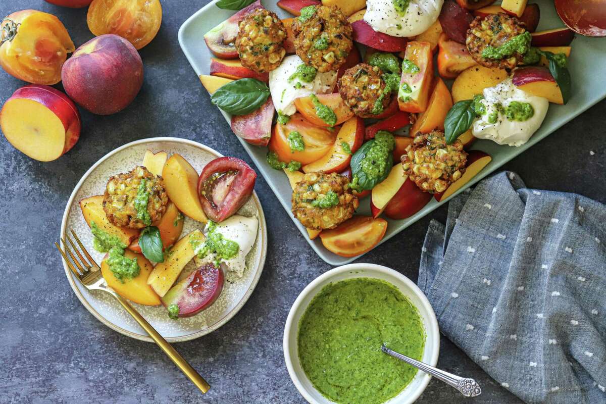 Corn Pakoras with a Peach, Nectarine & Heirloom Tomato Salad is designed for backyard eating in the Bay Area.