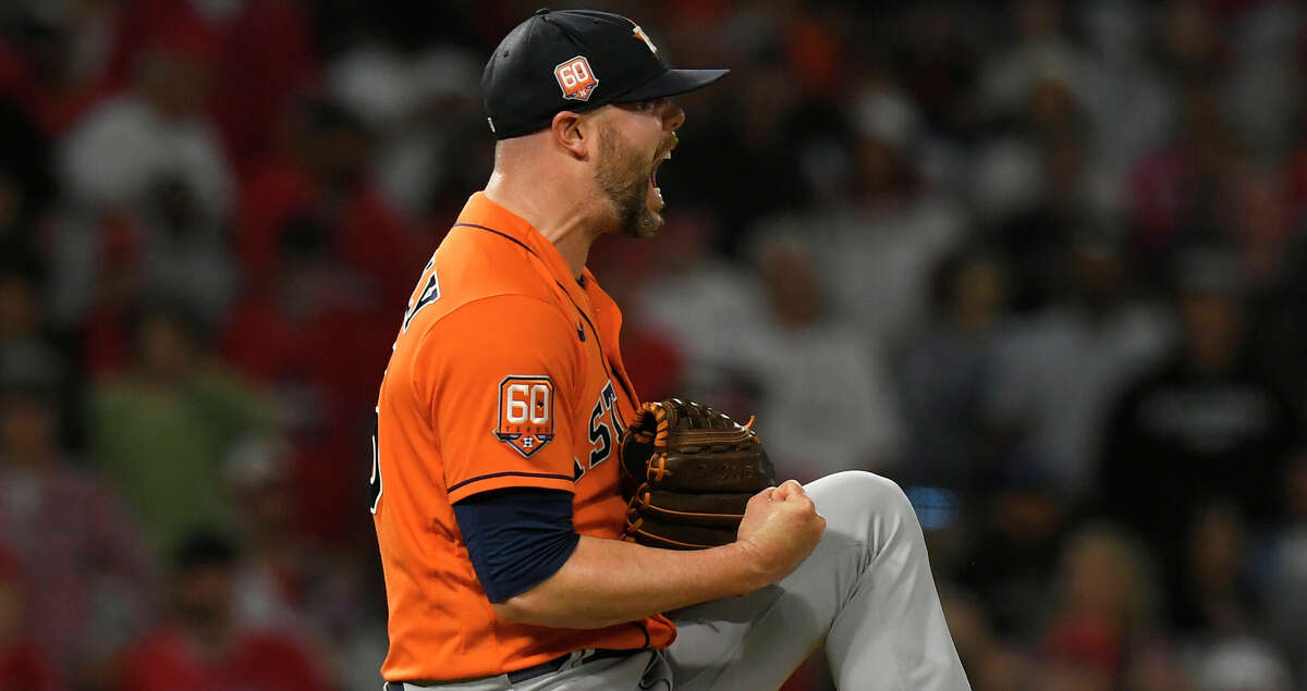 Ryan Pressly #55 of the Houston Astros celebrates striking out Brandon Marsh of the Los Angeles Angels for the final out in a 3-2 win in 10 innings at Angel Stadium of Anaheim on July 14, 2022 in Anaheim, California. (Photo by John McCoy/Getty Images)