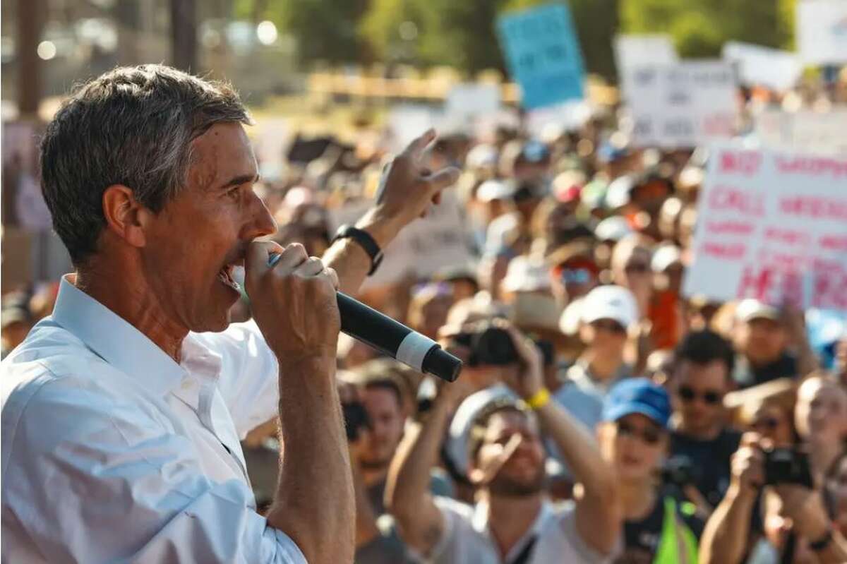 Democratic gubernatorial candidate Beto O’Rourke speaks at a rally for abortion rights in East Austin last month. O'Rourke may have set a new record for the amount of money a Texas politician raised in a single campaign finance reporting period. Credit: Jordan Vonderhaar for The Texas Tribune