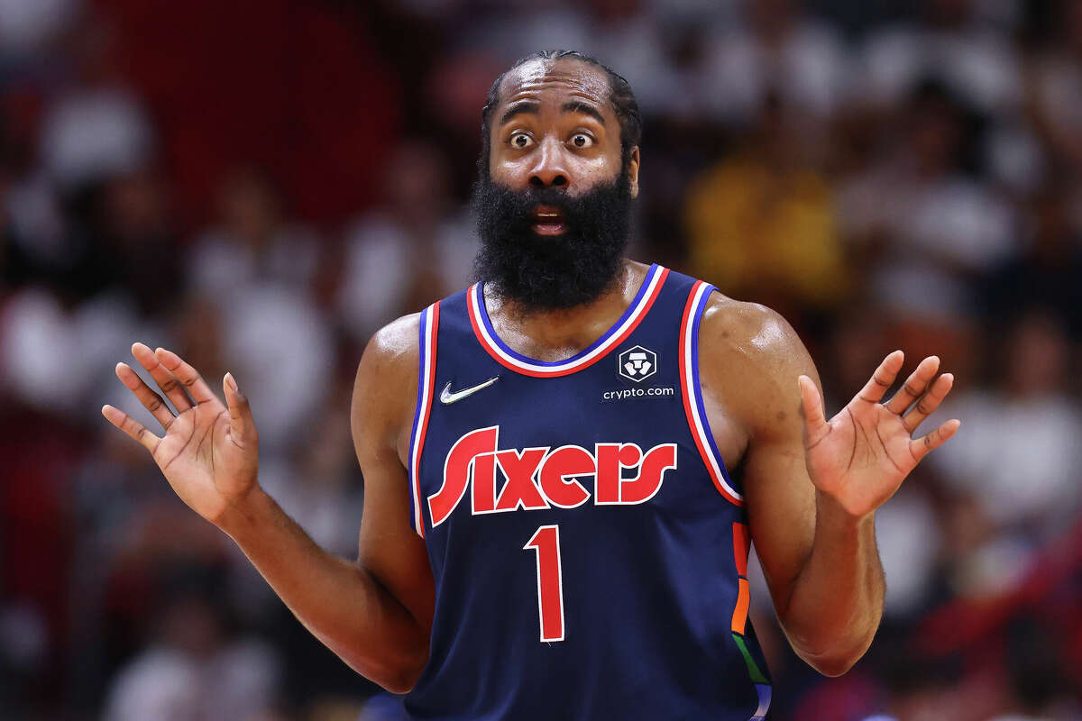 James Harden of the Philadelphia 76ers reacts against the Miami Heat during the first half in Game Five of the Eastern Conference Semifinals at FTX Arena on May 10, 2022 in Miami, Florida.