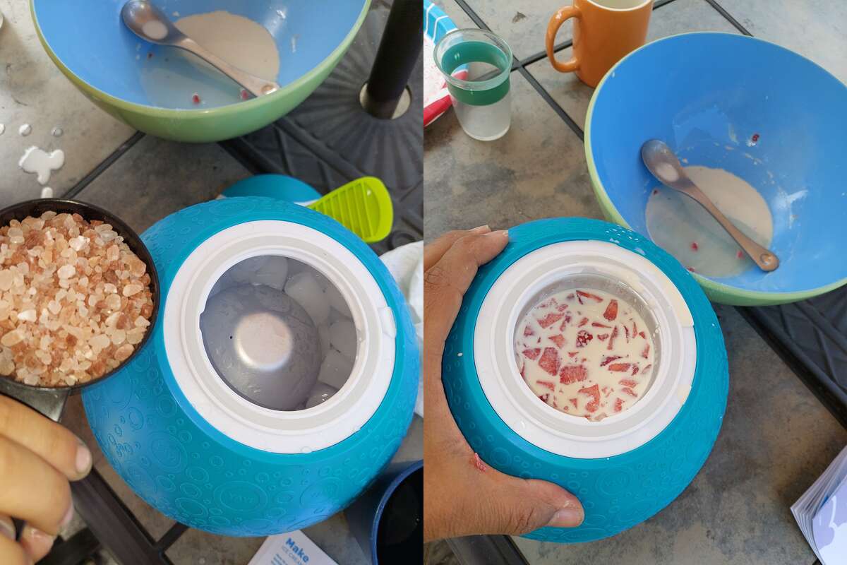 The ice and salt area on the ball (left) and the fluid area on the ball (right).