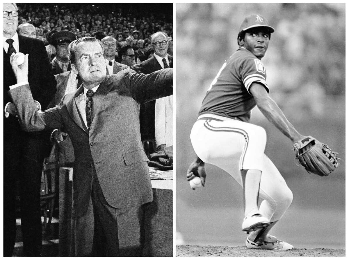 LEFT: President Richard Nixon tosses out a baseball to start the season for the American League in a game between the California Angels and the Kansas City Royals in Anaheim, Calif., April 6, 1973. (AP Photo) RIGHT: MILWAUKEE, WI - 1974: Vida Blue #14 of the Oakland Athletics pitching during a game at County Stadium in 1974 in Milwaukee, Wisconsin. (Photo by Ronald C. Modra/Getty Images)
