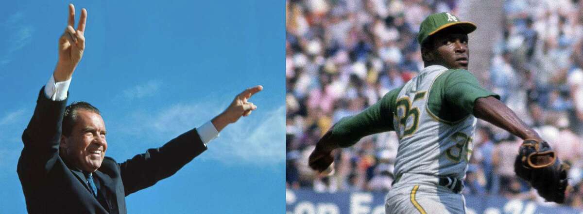 LEFT: Richard Nixon gives his well-known two-armed victory salute during a campaign stop in El Paso. (Photo by © Bettmann/CORBIS/Bettmann Archive) RIGHT: BRONX, NY - CIRCA 1960's: Pitcher Vida Blue #35 of the Oakland Athletics pitches against the New York Yankees during a circa late 1960's Major League Baseball game at Yankee Stadium in Bronx, New York. Blue played for the Athletics from 1969-77. (Photo by Focus on Sport/Getty Images)