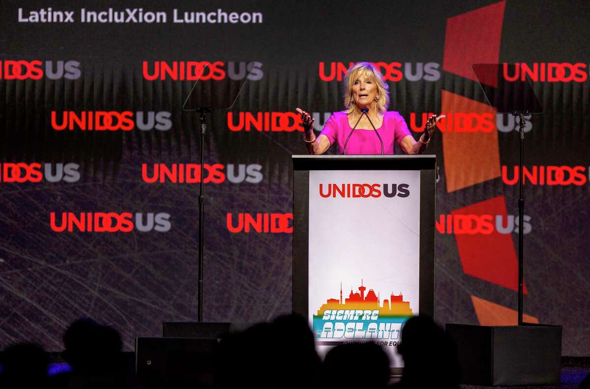 First Lady Dr. Jill Biden speaks Monday, July 11, 2022 at the Latinx IncluXion luncheon of the UnidosUS annual conference at the Grand Hyatt hotel in downtown San Antonio. UnidosUS, formerly the National Council of La Raza, is the largest Latino civil rights organization in the United States, according to its website.