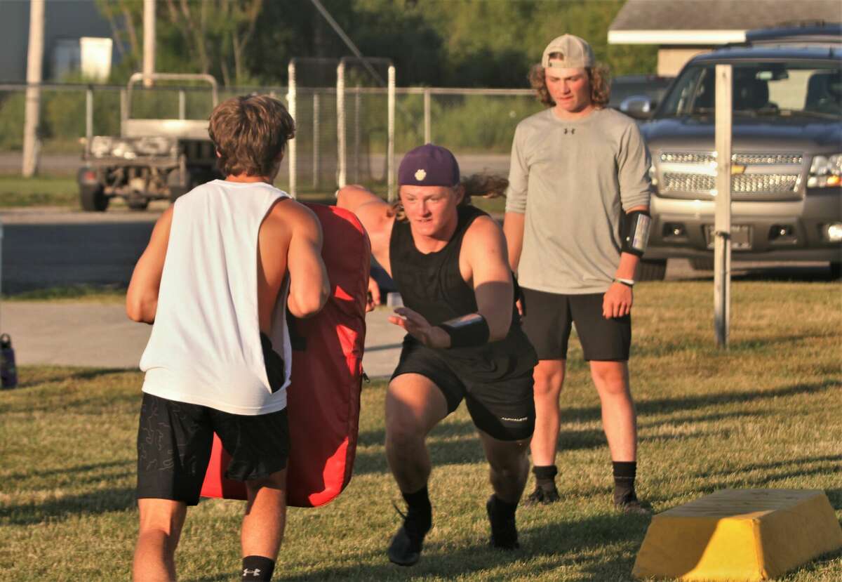 Frankfort junior Fletcher Anderson prepares to rip off a block attempt in a linebacker drill during the Panthers first football camp of the 2022 season on July 14 at Lockhart Field. 