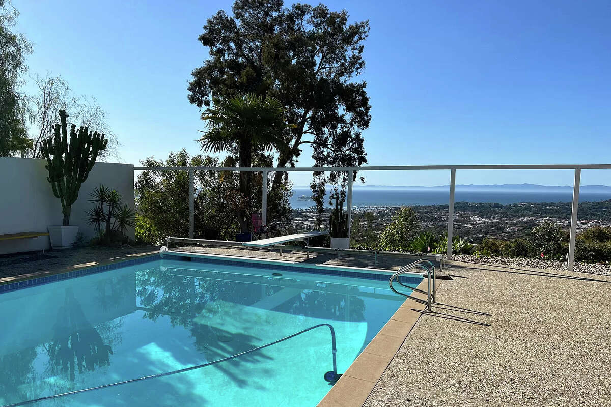 The view from the pool at the Slavin House in Santa Barbara's Riviera neighborhood. The house has sat on the market for months. The home, listed for $10.5 million, partially burned down last year, but the original plans were spared.  