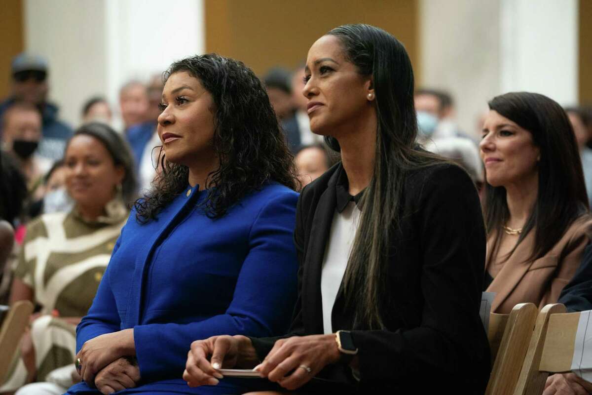 Mayor London Breed (left) sits with San Francisco District Attorney Brooke Jenkins during Jenkins’ swearing-in ceremony. Like Breed, Jenkins favors tougher policing in the city.