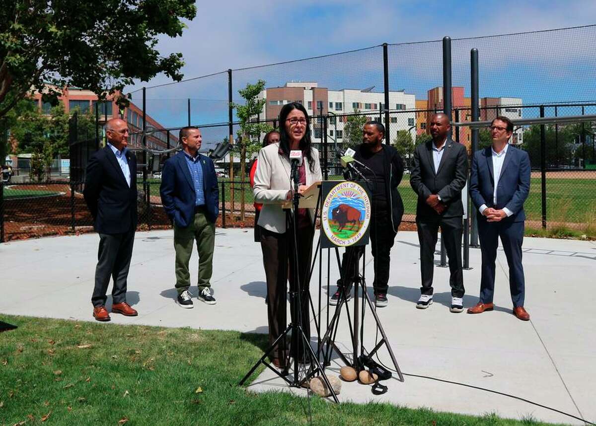 Shannon Estenoz of the Department of the Interior visits Bayview Park K.C. Jones Playground in San Francisco. The park was one of two in San Francisco to receive funds from the Outdoor Recreation Legacy Partnership Program, intended to increase equitable access to nature.