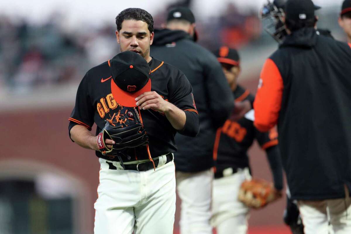 San Francisco Giants’ relief pitcher Jose Alvarez is removed from the game in 5th inning after giving up 2 runs to St. Louis Cardinals during MLB game at Oracle Park in San Francisco, Calif., on Thursday, May 5, 2022.
