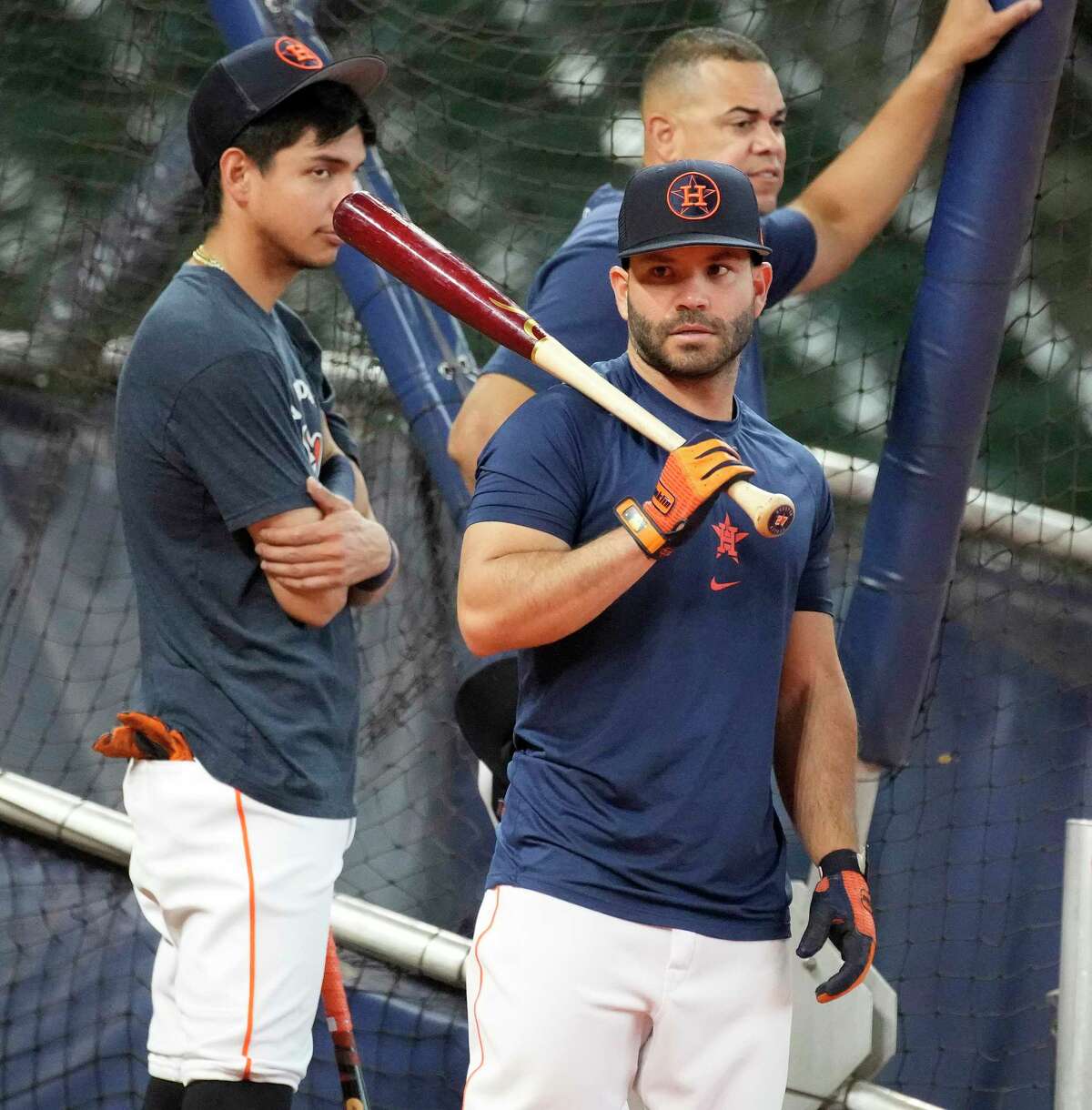 Houston Astros Jose Altuve takes batting practice before the start of a MLB baseball game at Minute Maid Park on Saturday, July 16, 2022 in Houston.