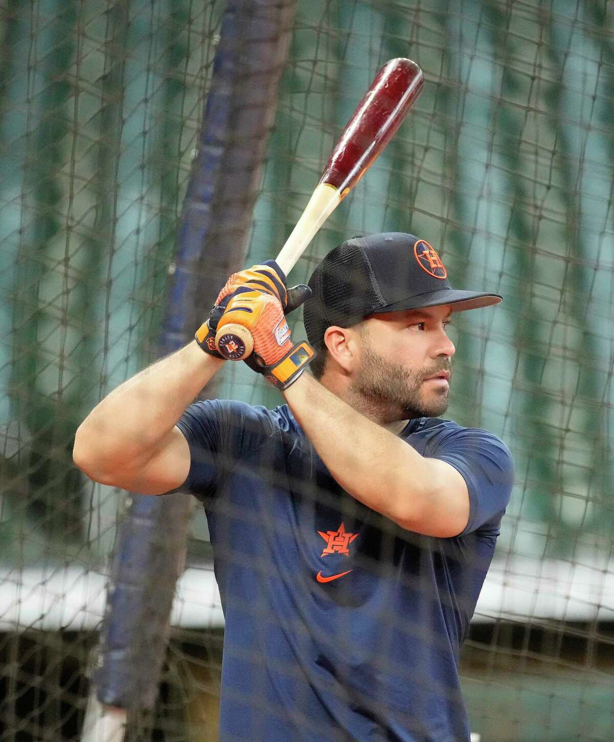 Houston Astros Jose Altuve takes batting practice before the start of a MLB baseball game at Minute Maid Park on Saturday, July 16, 2022 in Houston.