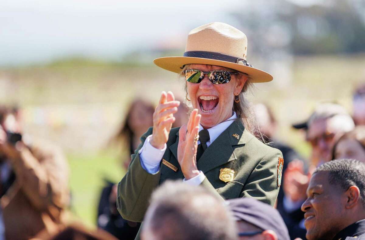 Park ranger Carey Feierabend attends the opening of the Presidio Tunnel Tops.