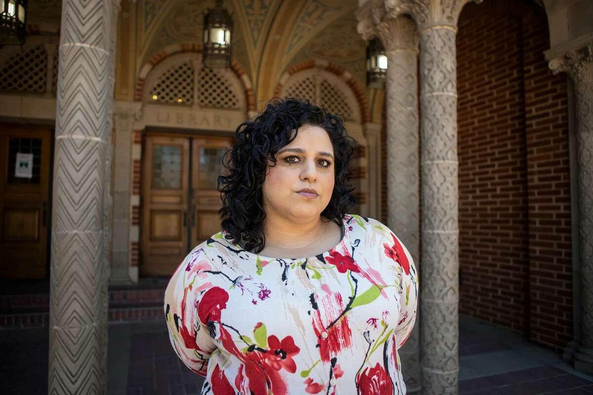 Bernadette Moordigian in front of the Fresno City College library on July 5, 2022.