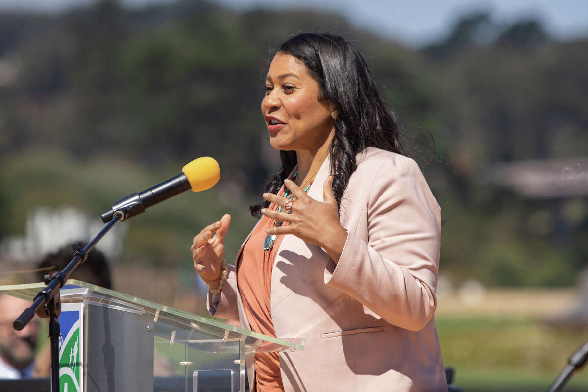 San Francisco Mayor London Breed speaks at the official ribbon cutting of the Presidio Tunnel Tops in the Presidio in San Francisco on July 16, 2022.