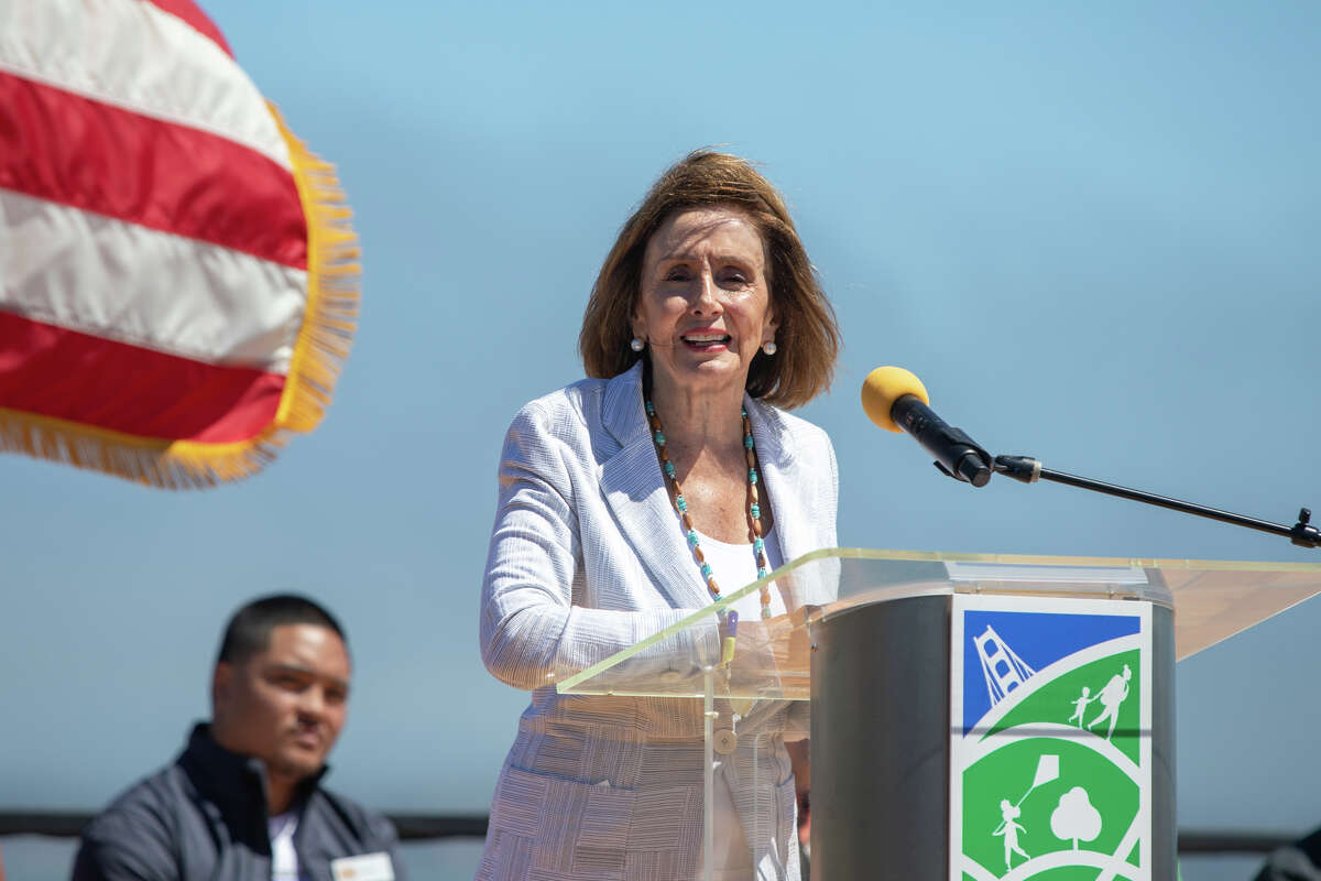 House Speaker Nancy Pelosi speaks at the official ribbon cutting of the Presidio Tunnel Tops in the Presidio on in San Francisco, Calif.  on July 16, 2022.