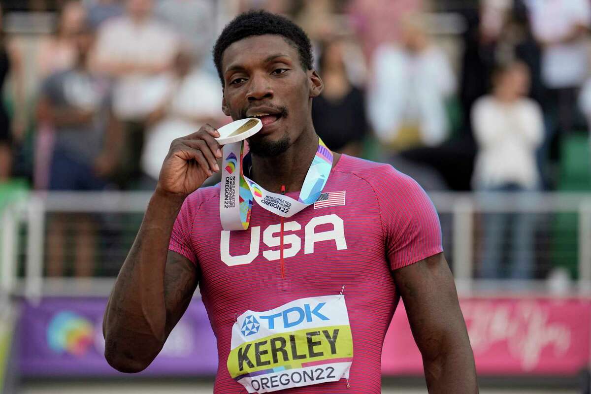 Fred Kerley, of the United States, celebrates after wining the final in the men's 100-meter run at the World Athletics Championships on Saturday, July 16, 2022, in Eugene, Ore. (AP Photo/Charlie Riedel)