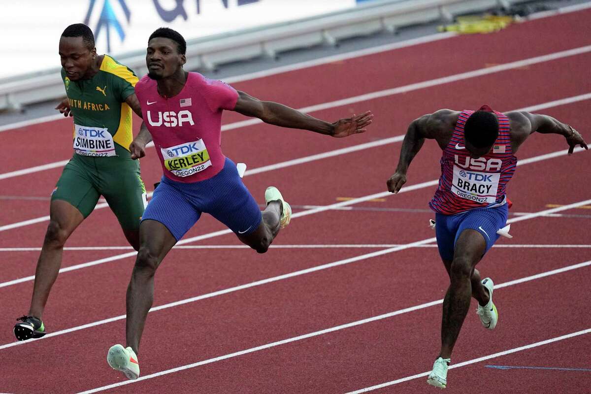 Fred Kerley, of the United States, wins the final in the men's 100-meter run at the World Athletics Championships on Saturday, July 16, 2022, in Eugene, Ore. (AP Photo/Gregory Bull)