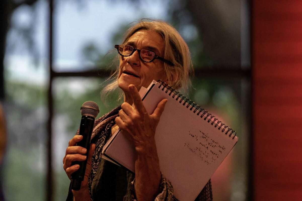 Kamala Platt criticizes city presenters for using non-inclusive imagery during a public meeting for proposed changes to the northern side of Brackenridge Park at the Witte Museum on Thursday.