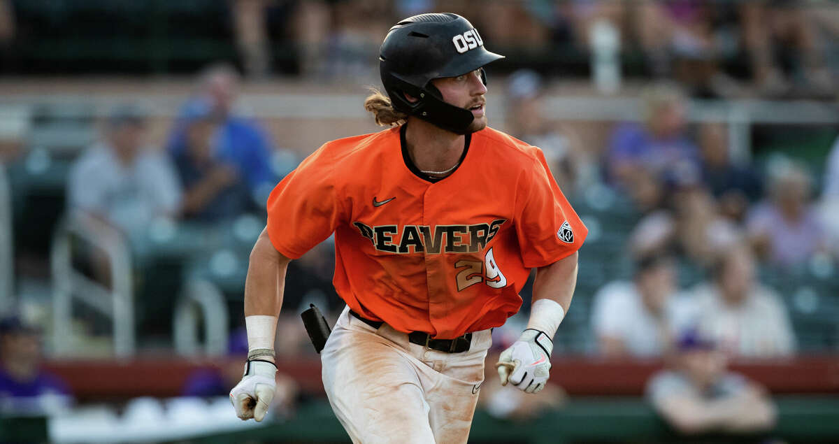 Oregon State Beavers Fielder Jacob Melton (29) watches his hit land in center field during the PAC12 Baseball Tournament game between the Washington Huskies and the Oregon State Beavers on May 25, 2022, at Scottsdale Stadium in Scottsdale, AZ. (Photo by Zac BonDurant/Icon Sportswire via Getty Images)