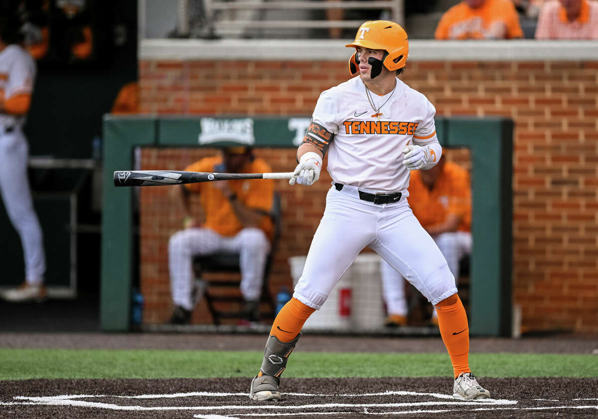 Tennessee outfielder Drew Gilbert (1) hitting during game one of the NCAA Super Regionals between the Tennessee Volunteers and Notre Dame Fighting Irish on June 10, 2022, at Lindsey Nelson Stadium in Knoxville, TN.