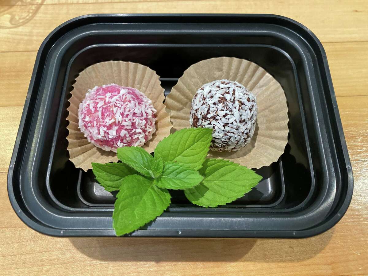 Raw cacao and dragonfruit truffles at G-Monkey Plant-Fueled Fast Food in West Hartford.
