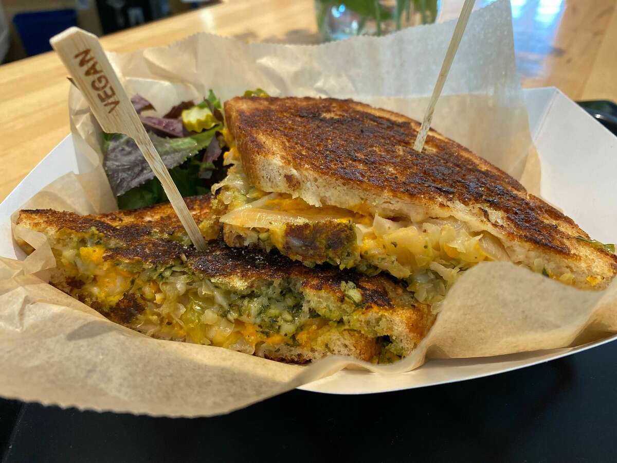 The Kim K grilled cheese at G-Monkey Plant-Fueled Fast Food in West Hartford features spicy kimchi.