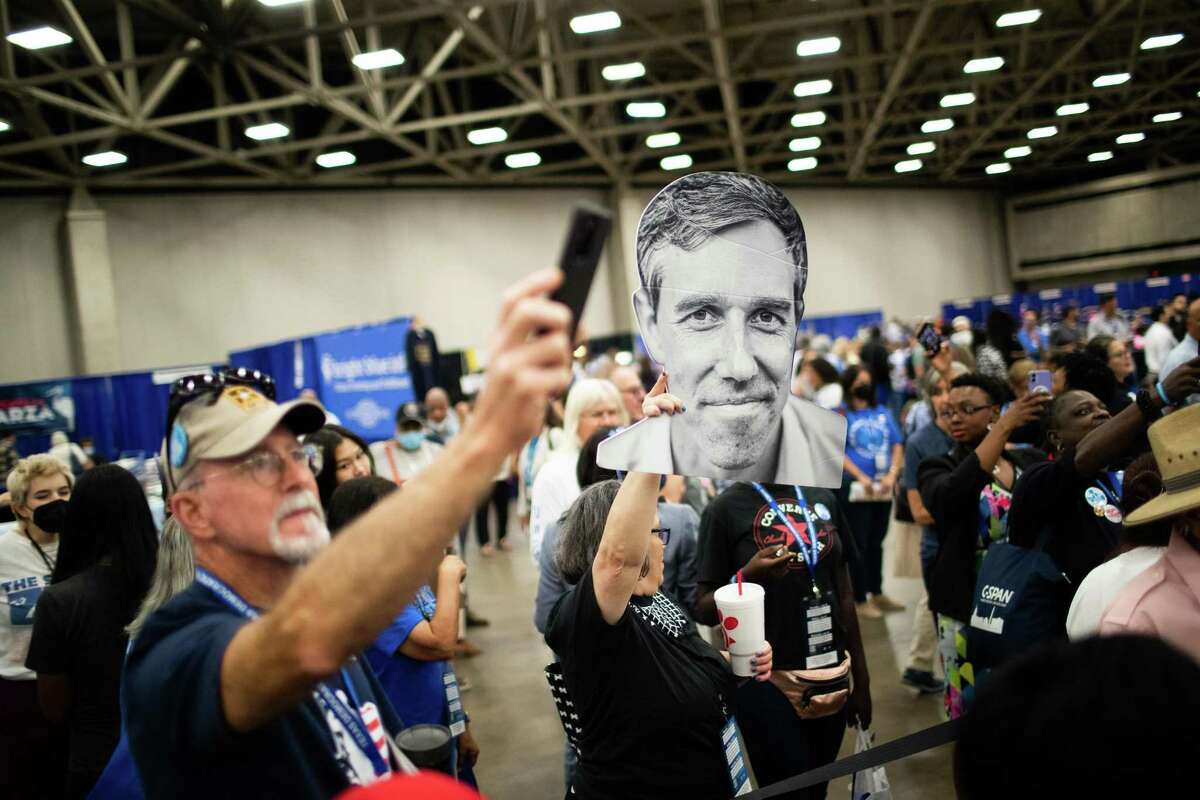 Supporters of the Texas governor candidate Beto O'Rourke gather at the 2022 Texas Democratic Convention to meet him, Friday, July 15, 2022, in Dallas.