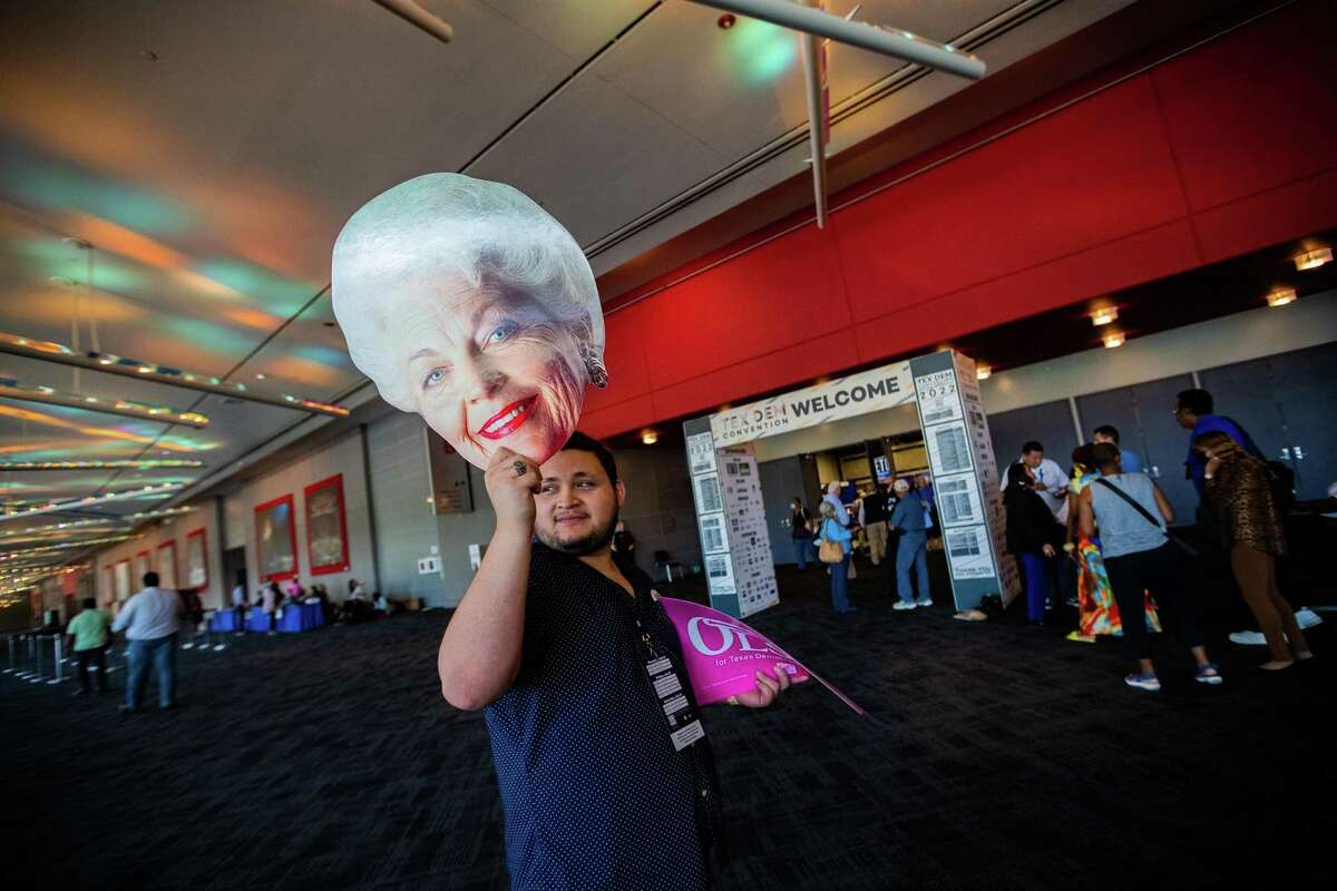 A jumbo size photo of the face of former Gov. Ann Richards welcomes attendees to the 2022 Texas Democratic Convention, Thursday, July 14, 2022, in Dallas. Richards was the last Democrat in the governor's mansion, from 1991 to 1995.