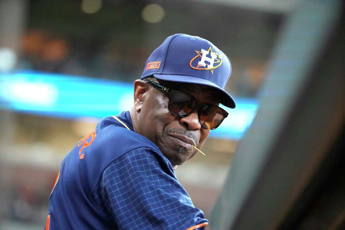 Houston Astros manager Dusty Baker Jr. (12) in the dugout during the sixth inning of a MLB baseball game at Minute Maid Park on Saturday, July 16, 2022 in Houston.