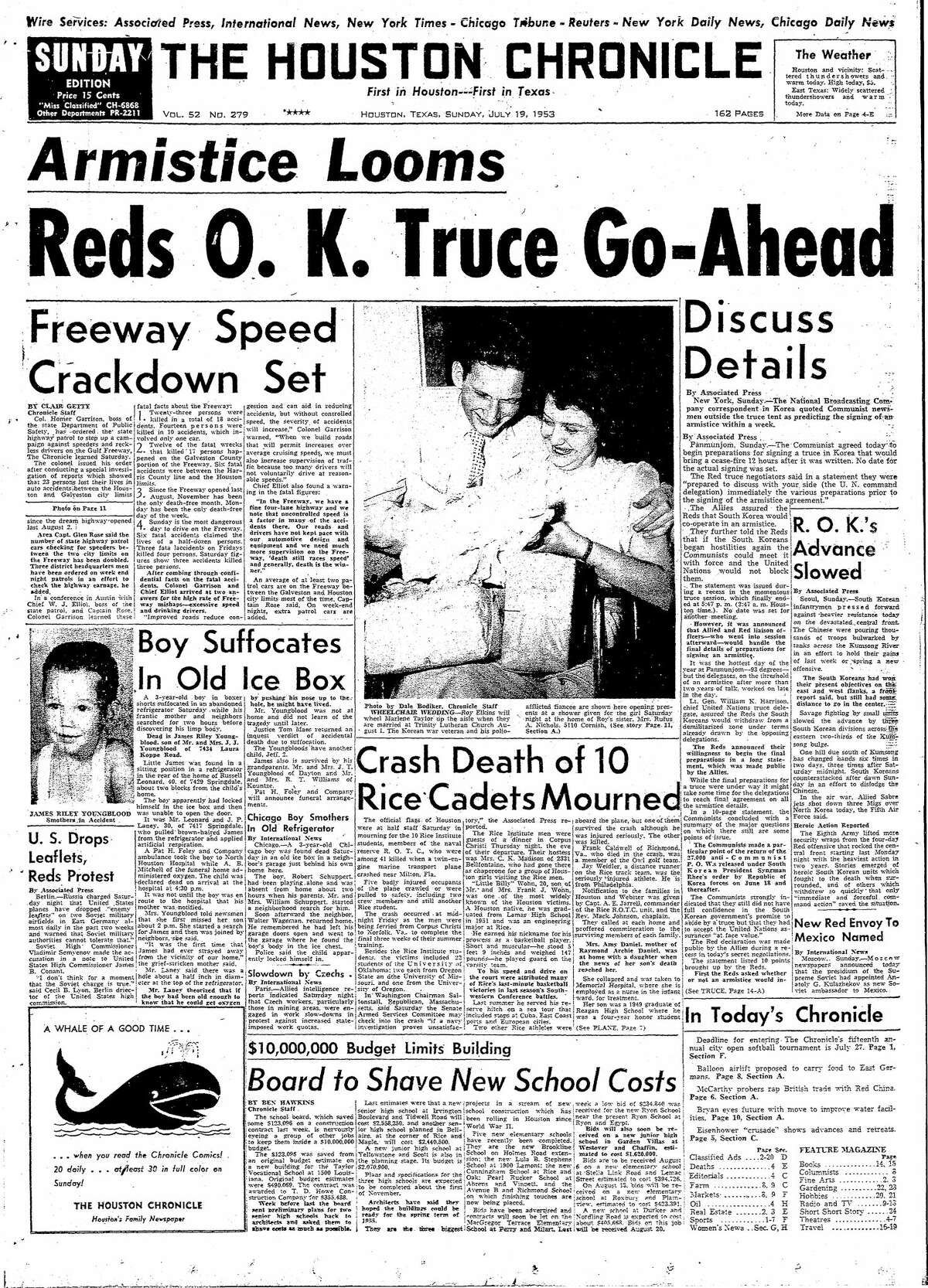 Houston Chronicle front page for July 19, 1953.
