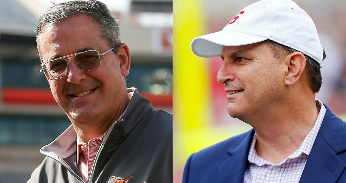 Texas athletic director Chris Del Conte (left) and Oklahoma counterpart Joe Castiglione are committed to honoring their schools' Big 12 contracts, but that could be subject to change.