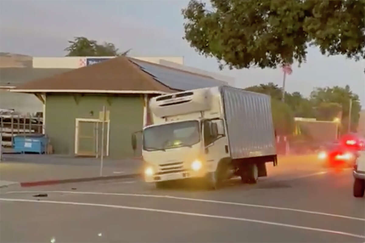 A stolen box truck pursued by CHP officers through downtown Point Reyes Station. 