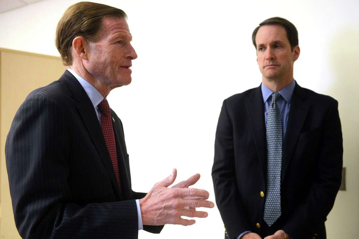 Senator Richard Blumenthal, seen here with Congressman Jim Himes, speaks during a press conference at Spooner House, in Shelton, Conn. Jan. 18, 2019. Spooner House announced they have started a program through their food their food pantry to provide meals to local Federal workers who have not been receiving paychecks due to the government shutdown.