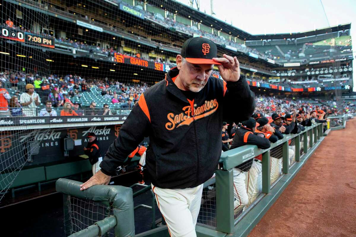 San Francisco Giants manager Bruce Bochy tips his hat as he?•s honored for his 1,000th win before an MLB game against the Los Angeles Dodgers on Friday, June 7, 2019, in San Francisco, Calif. Bochy got his 1,000th win against the New York Mets on June 4 at Citi Field in New York City. The Giants won 2-1 against the Dodgers tonight for Bochy?•s 1,001 win.