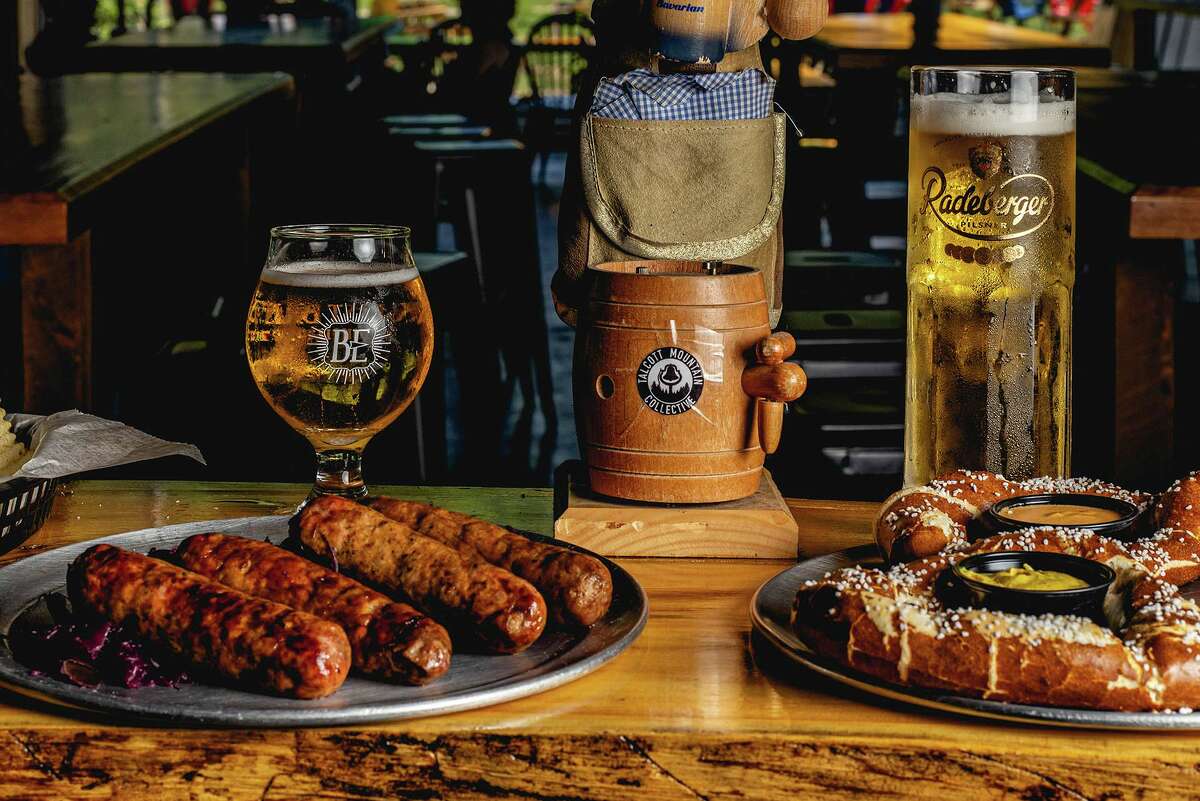 Game sausages, a giant Bavarian pretzel and a selection of beers at Talcott Mountain Collective in Simsbury.