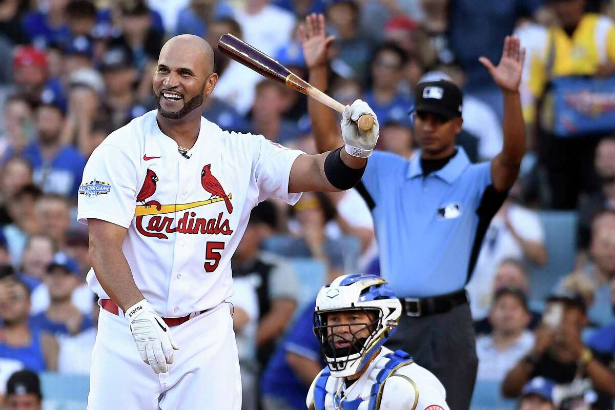 LOS ANGELES, CALIFORNIA - JULY 18: National League All-Start Albert Pujols #5 of the St. Louis Cardinals reacts while competing in the 2022 T-Mobile Home Run Derby at Dodger Stadium on July 18, 2022 in Los Angeles, California. (Photo by Kevork Djansezian/Getty Images)