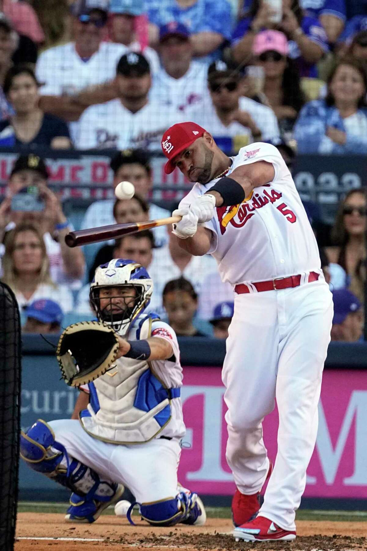 National League's Albert Pujols, of the St. Louis Cardinals, bats during the MLB All-Star baseball Home Run Derby, Monday, July 18, 2022, in Los Angeles. (AP Photo/Jae C. Hong)