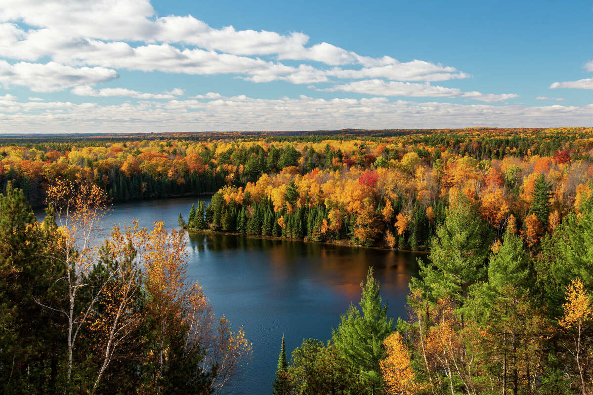 A sunny Michigan view of the AuSable River Cooke Dam Pond located off River Road.