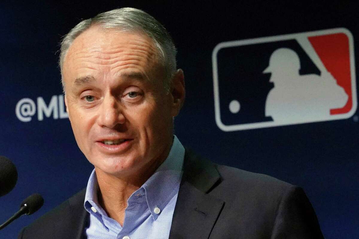 Major League Baseball commissioner Rob Manfred speaks during a news conference, Thursday March 10, 2022, in New York. Major League Baseball’s acrimonious lockout ended Thursday when a divided players’ association voted to accept management’s offer to salvage a 162-game season that will start April 7. (AP Photo/Bebeto Matthews)