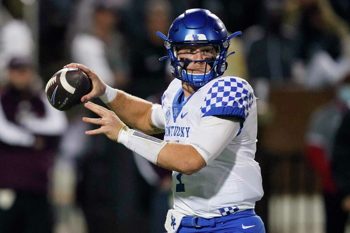 FILE - Kentucky quarterback Will Levis looks for a receiver against during the first half of the team's NCAA college football game against Mississippi State in Starkville, Miss., Oct. 29, 2021. The quarterback with the active and entertaining TikTok account has become an intriguing NFL prospect. Levis was named to the preseason watch list for both the Davey O’Brien Award and the Maxwell Award. (AP Photo/Rogelio V. Solis, File)