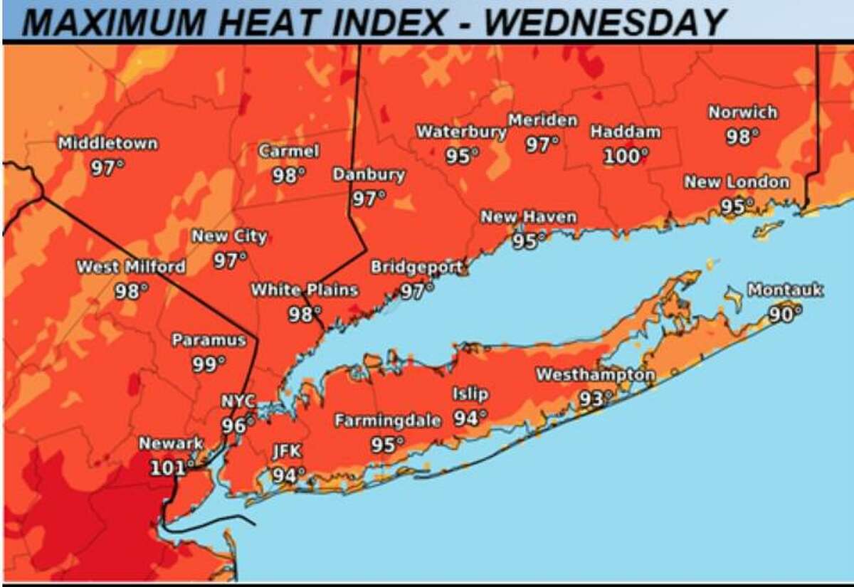 Heat index values forecast for Wednesday in Connecticut.