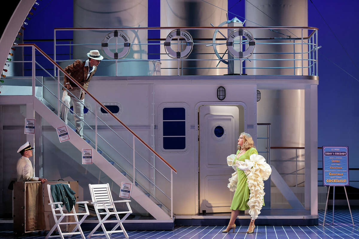 L to R: Gavin Grady as Cabin Boy, Gregory Feldmann as Cedric and Keely Futterer as Angostura in The Glimmerglass Festival's 2022 production of the world premiere of "Tenor Overboard," with music by Rossini and book by Ken Ludwig. Photo: Karli Cadel/The Glimmerglass Festival.